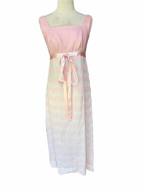 Deadstock w/o Tag 1960s Linen Blend Empire Waist White & Pink Maxi Gown
